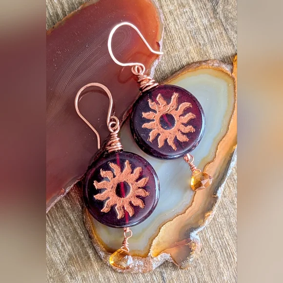 Celestial Sun Earrings Artisan Crafted Copper Wrap Congnac Citrine Drops - Picture 8 of 16